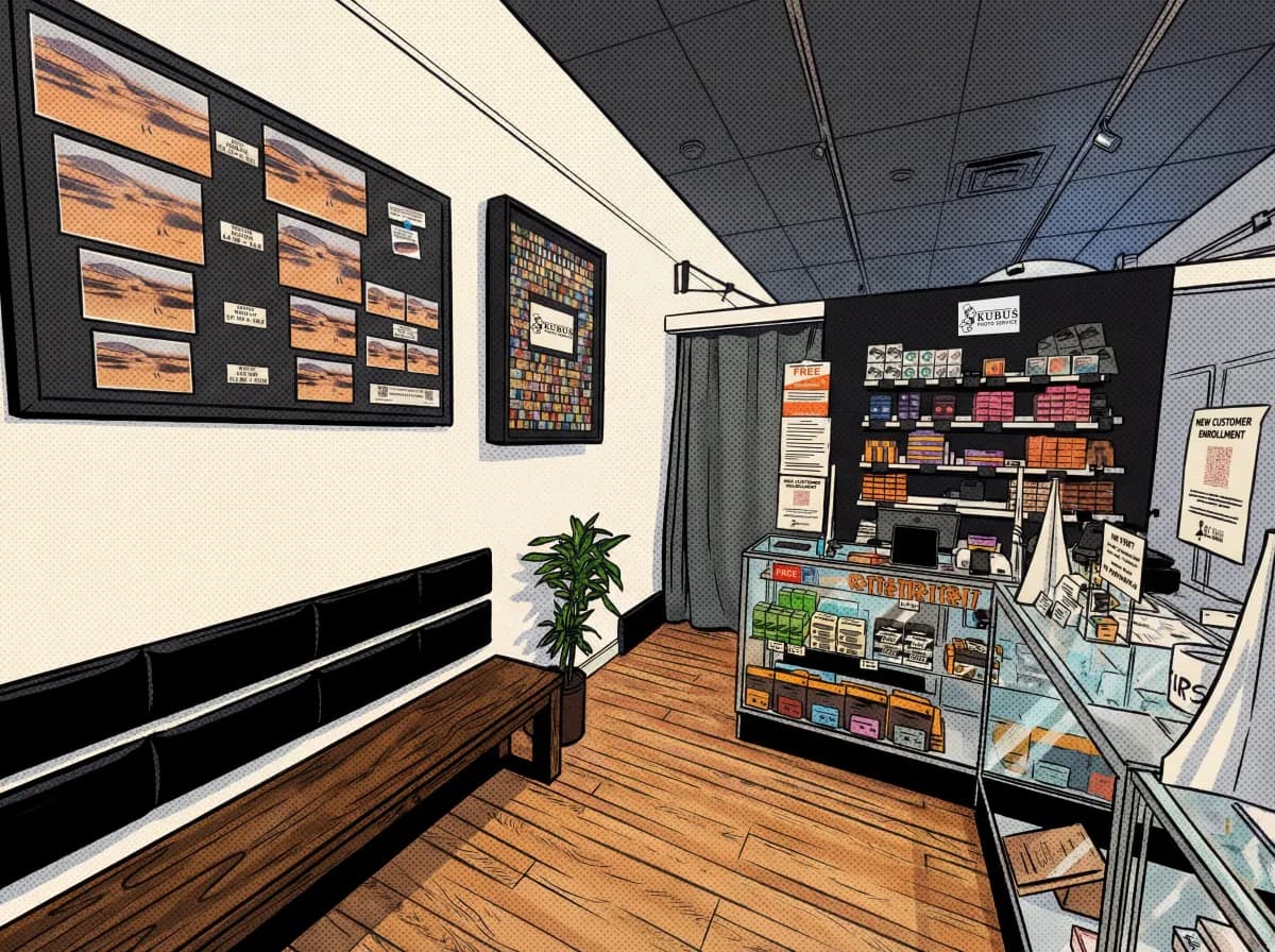 Inside Kubus Photo Service - lobby with film displays, photo samples, and service counter in Greenpoint, Brooklyn